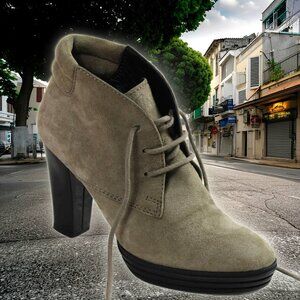 Hogan Catawiki Sand Suede Lace-Up Heeled Ankle Boot, Size 36.5 (US 6.5)